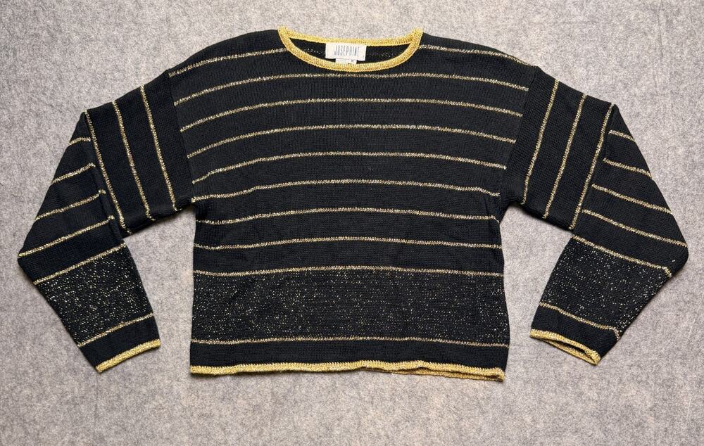Vintage Josephine Womens M Black Gold Metallic Striped Sweater Boxy Cropped 80s